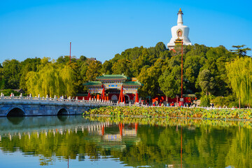 View of the white tower in Beihai Park in Beijing, China.