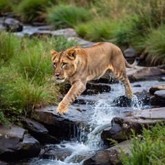 Obraz premium A macro photo of a lion leaping over a small stream, deep focus on the motion and musculature, high-angle shot capturing its full body mid-air, highlighting the dynamic action and strength of the lion