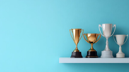 Four shimmering trophies on a shelf against a vibrant blue background.Win and success 