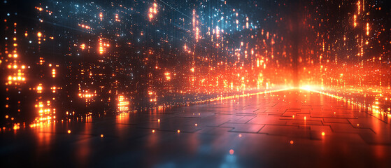 Fototapeta premium Abstract Digital Cityscape with Glowing Lights and Reflective Floor