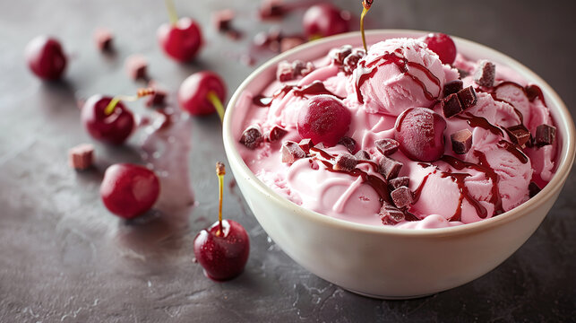 Cherry ice cream float served in a white bowl with cherry jam topping.