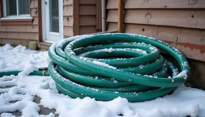 Garden hose coiled with snowflakes on it, resting against a wall during winter for seasonal gardening tasks