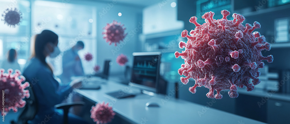 Poster closeup of coronavirus in lab setting with blurred scientists in background