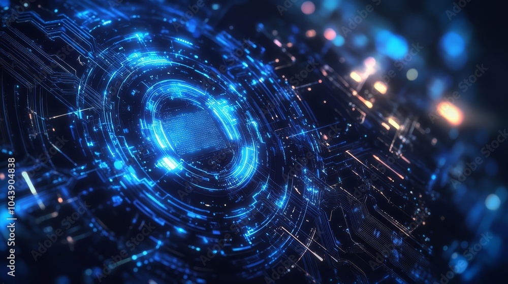 Poster cybernetic core: glowing blue circuitry. abstract digital art depicting a futuristic technological c