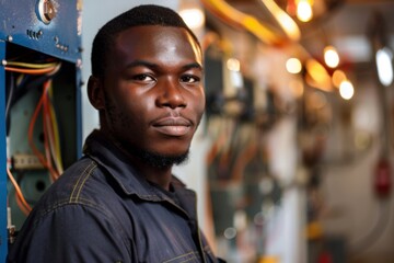 Fototapeta premium Portrait of a young African American male electrician