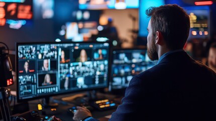 A man in a suit is working at a television control room, looking at a screen with multiple video feeds.