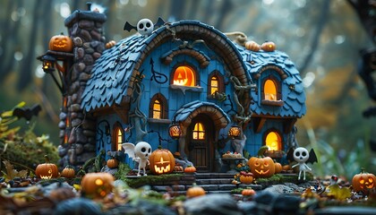 Fototapeta premium Non-Scary Haunted House, Design a whimsical, non-scary haunted house for kids, featuring friendly ghosts, cute skeletons,