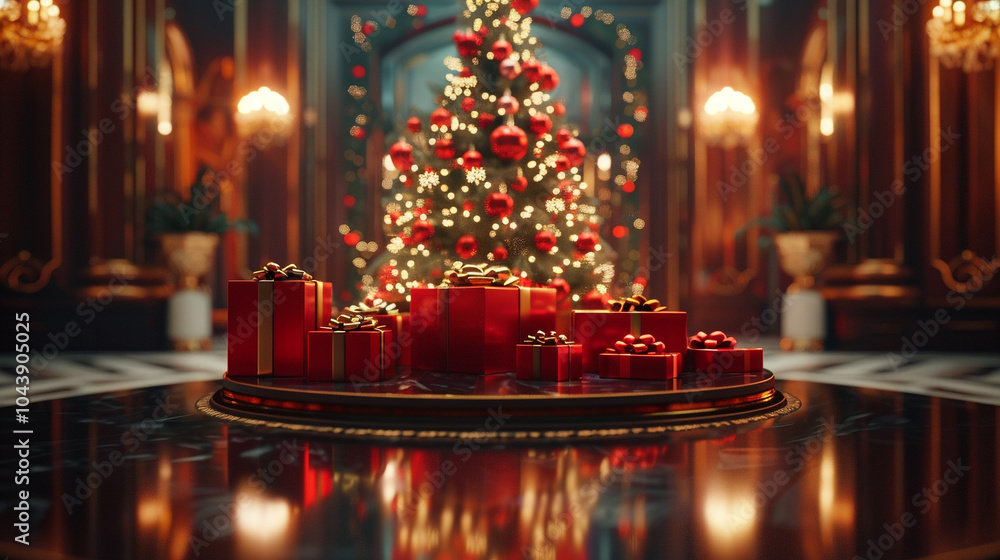 Poster A high-end glass podium reflecting the twinkling lights of a beautifully decorated Christmas tree, surrounded by presents wrapped in luxurious paper.