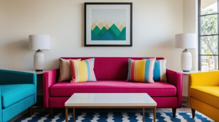 Fototapeta premium Modern Living Room with Colorful Furniture and Art