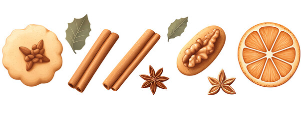 Assorted spices and fruit on white isolated background. transparent background