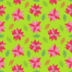 Poinsettia seamless pattern. Floral winter backdrop.Christmas modern botanical design. Festive flat floral print. Ideal for  wrapping, fabric, kitchen textiles, stationery, packaging, scrapbooking.