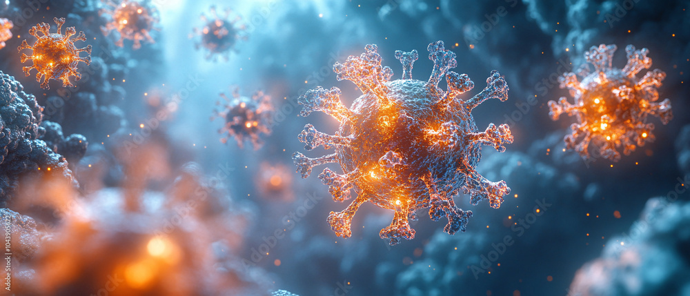 Poster 3d render of a coronavirus particle with glowing spikes