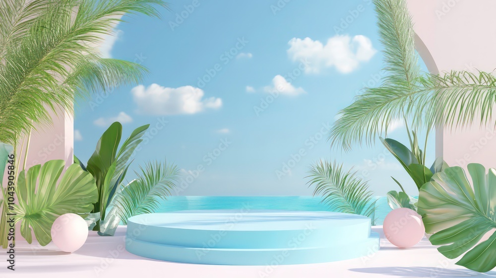 Poster A blue podium with a beach and sky backdrop, surrounded by tropical leaves and pink spheres, creating a summery and relaxing atmosphere.