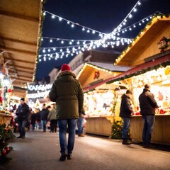 A long shot of a bustling Christmas market set up in the village square, with vendors, shoppers, and holiday decorations, captured in deep focus and from a low angle