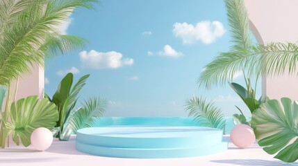 Fototapeta premium A blue podium with a beach and sky backdrop, surrounded by tropical leaves and pink spheres, creating a summery and relaxing atmosphere.