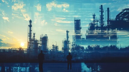 Obraz premium Two silhouetted figures stand in front of a large industrial complex, watching the sunset.