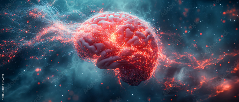 Aufkleber abstract brain with glowing red particles and sparkles in cosmic space