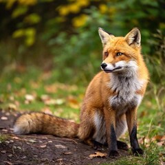 A medium shot of a red fox sitting among autumn leaves, with rack focus emphasizing the fox's detailed fur and the vibrant, blurred foliage around it