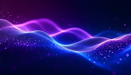 A vibrant wave of light particles in pink and blue, a mesmerizing abstract background for digital presentations. Purple background with many glowing particles. Information technology background. 