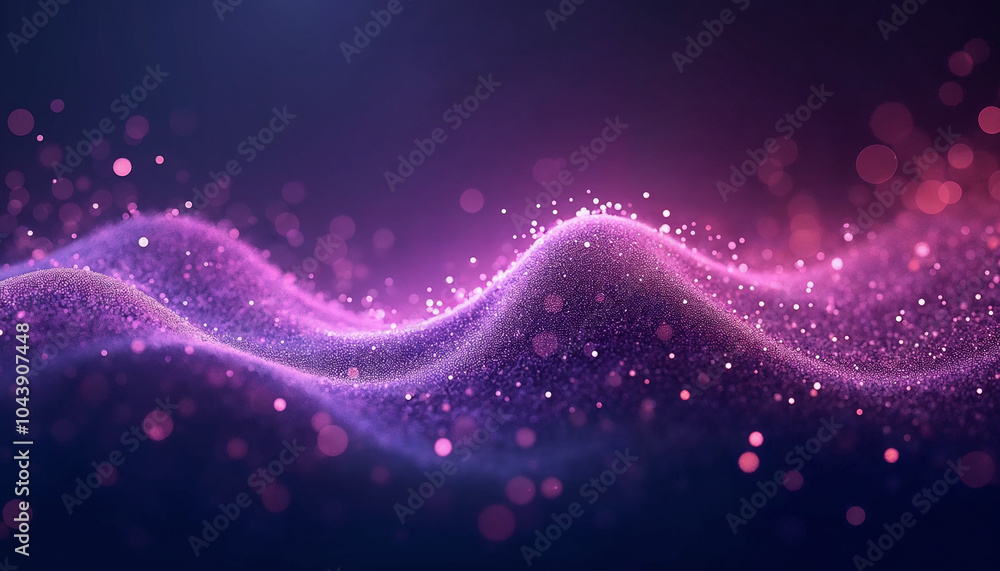Poster A vibrant wave of light particles in pink and blue, a mesmerizing abstract background for digital presentations. Purple background with many glowing particles. Information technology background. 
