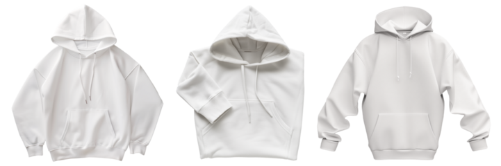 Three basic white folded and full body hoodies are displayed on a transparent background. Mockup of isolated clothes for an advertisement or poster design.