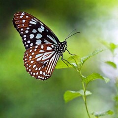 A close-up photo of a butterfly in flight, wings slightly blurred to convey motion, deep focus on its body and head, eye-level shot capturing its expressive eyes and unique patterns, giving a sense