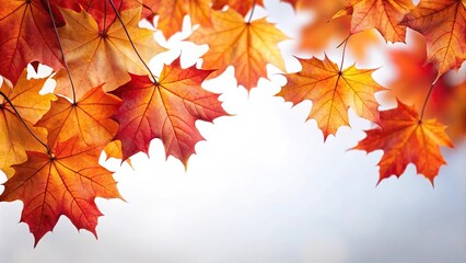 Fototapeta premium Red and orange maple leaves on white background low angle