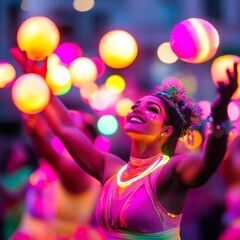 Performers juggling glowing balls, adding energy to the vibrant festival parade