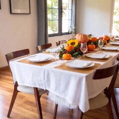 Thanksgiving dinner table setup without food