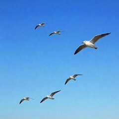 Birds migrating in formation across a clear blue sky