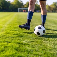 Fototapeta premium A macro close-up of a soccer player's hand gripping the grass just before standing, with the focus racking to the ball in the background. The Dutch angle intensifies the tension of the game