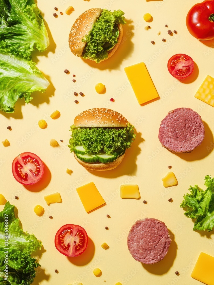 Aufkleber an array of hamburger ingredients like lettuce, tomatoes, cheese, and meat are scattered attractivel