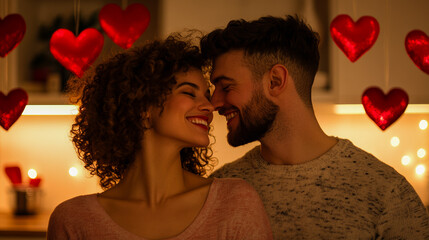 Couple cooking dinner together in a small kitchen, surrounded by romantic St Valentine's Day decorations everyday love in the kitchen 