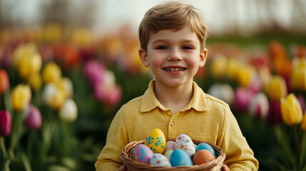 Fototapeta premium Little boy with a big smile, holding a basket filled with decorated Easter eggs, standing in a field of blooming tulips Easter joy for children 
