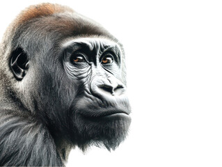 Obraz premium Close-up portrait of a majestic gorilla with a contemplative expression in a white background.