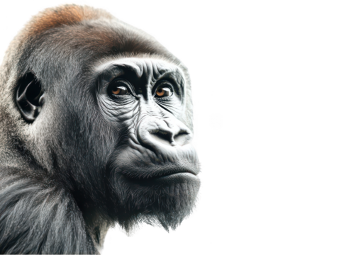 Close-up portrait of a majestic gorilla with a contemplative expression in a white background.