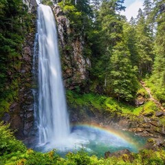 A rainbow reflected in a waterfall, with the water cascading down into a serene pool