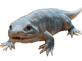A realistic 3D-rendered image of a prehistoric amphibian, featuring intricate details and textured skin.