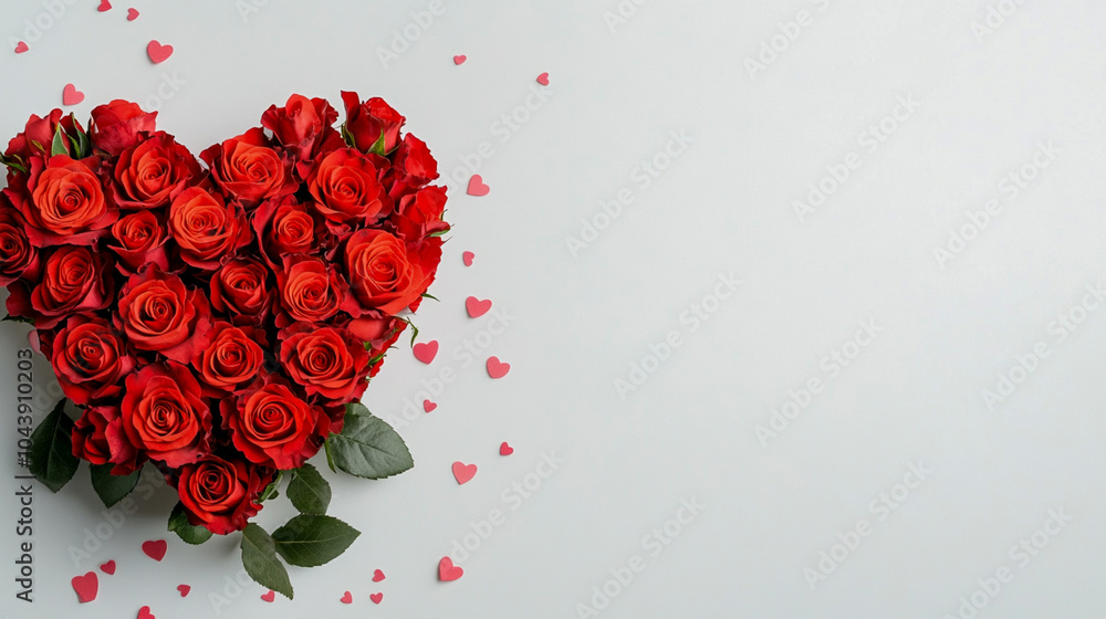 Aufkleber top view of a bouquet of red roses arranged in a heart shape on a white background with scattered ti