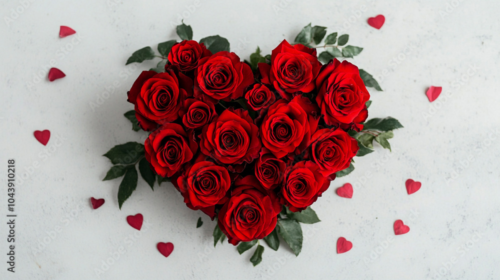 Aufkleber top view of a bouquet of red roses arranged in a heart shape on a white background with scattered ti