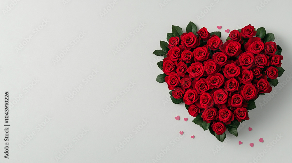 Aufkleber top view of a bouquet of red roses arranged in a heart shape on a white background with scattered ti