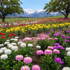 Create an expansive view of a tranquil springtime valley filled with a diverse array of colorful spring flowers. The scene should feature a wide stretch of flowering fields, winding streams, and a