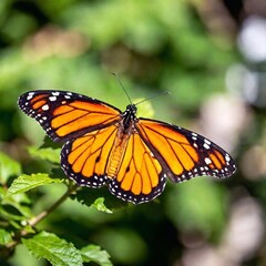 Obraz premium A close-up photo of a monarch butterfly with its wings fully open, deep focus highlighting the contrast between its orange and black markings, eye-level shot offering a sharp portrait that showcases