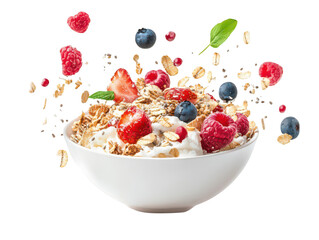 Vibrant bowl of granola with fresh berries and oats in a white bowl.
