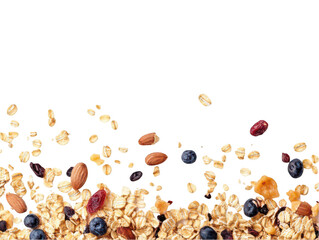 A vibrant display of scattered granola, nuts, and berries on a white background.