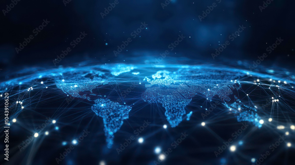 Aufkleber Abstract digital world map with glowing lines and nodes, representing global connectivity and network.