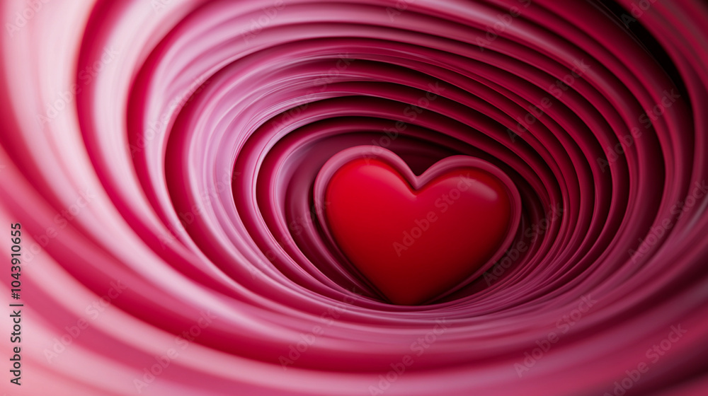 Poster vibrant red and pink swirling abstract hearts floating in a soft gradient haze with shimmering light