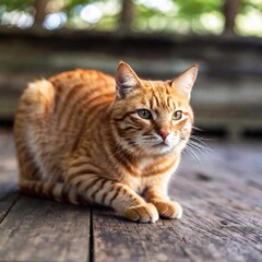 Naklejka premium red cat stretching, focusing on the fine details of its outstretched paws, while the rest of its body and a wooden floor in the background blur gently