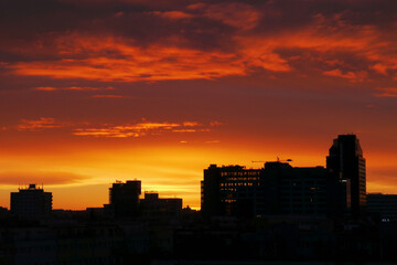 Red sky after sunset over the city