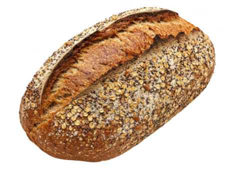 A rustic multigrain loaf of bread with a golden crust and seeds on top.